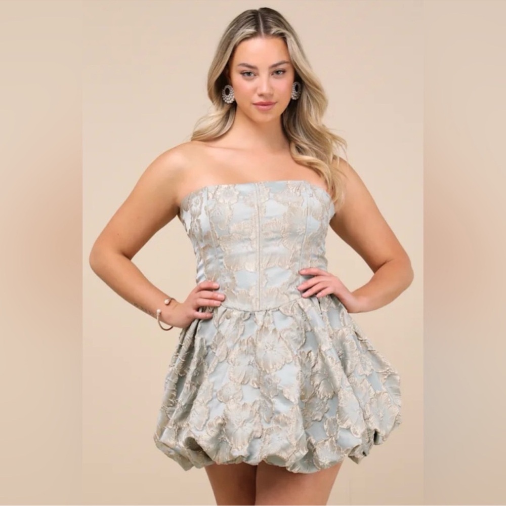 Lulu's Delightful Dreamer Light Blue Jacquard Bubble Hem Mini Dress Size M